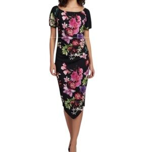 Boohoo Floral  Black midi ruched front dress size 6